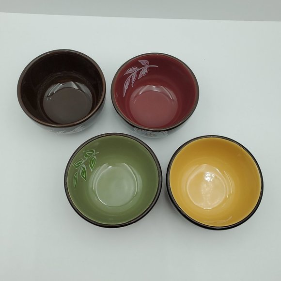 Longaberger Pottery Brown Floral Rice Bowls Dip Dipping Bowls Flowers Leaves - Picture 2 of 13